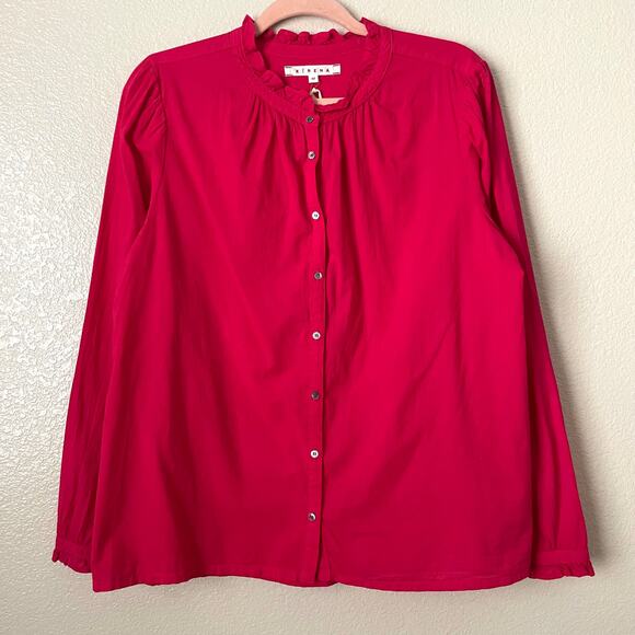 Xirena Top Womens Medium Red Rosette Emery Button Up Long Sleeve Poplin Cotton - Picture 3 of 13